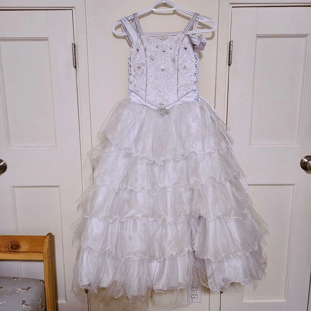 White Ball Gown Girl Ruffles Beads Sequins Princess Long Dress Size 8